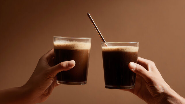 Two cups of coffee, cheers, celebration, close-up.