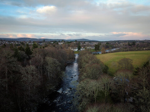 River Feugh aerial view near Banchory, Scotland