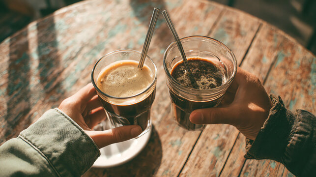 Two cups of coffee, cheers, celebration, close-up.