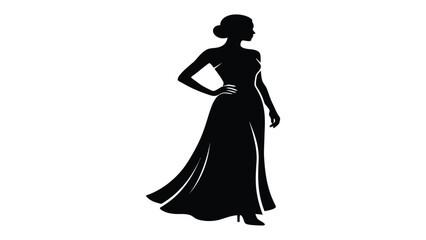 Woman in a formal evening gown stands with her hand on her hip in a classic fashion pose. © adnan
