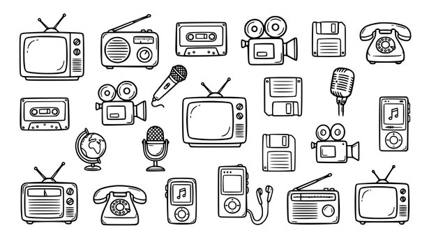 Hand drawn retro technology doodle icon set with vintage television radio cassette camera and gadget vectors