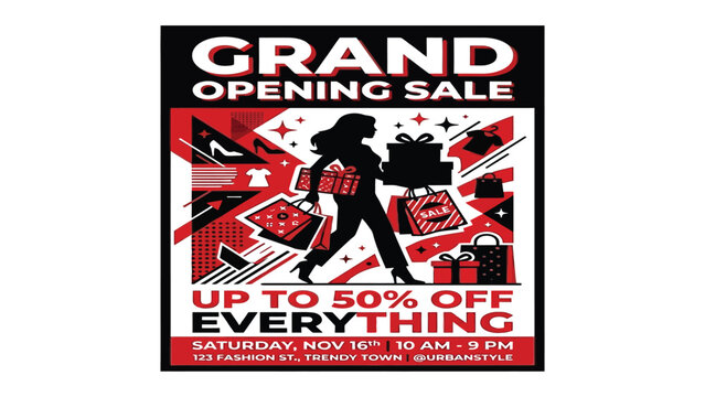 Woman silhouette carries shopping bags in a promotional advertisement for a grand store opening sale.