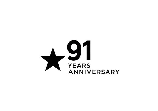 Minimalist 91 years anniversary logo with black star, ninety-one year celebration emblem, simple corporate birthday typography on white background