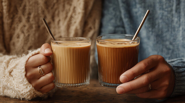 Two cups of coffee, cheers, celebration, close-up.