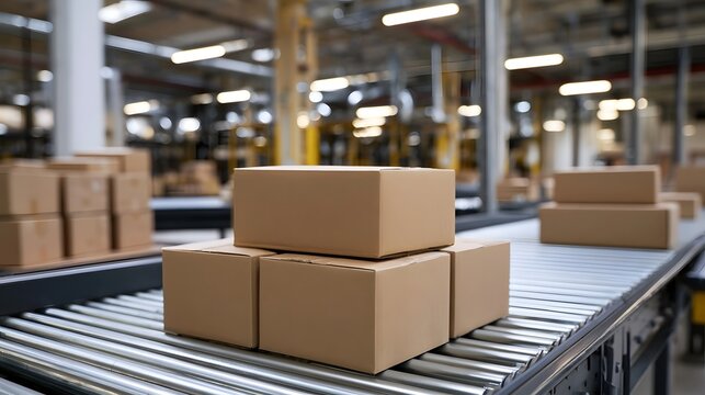 A large quantity of stacked cardboard boxes fills a bright industrial warehouse illustrating efficient logistics and commercial shipping ope ns