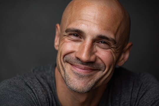 Bald man smiling with a toothless grin in a natural light portrait with neutral background