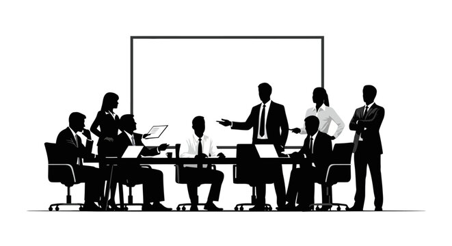 Business meeting silhouette, diverse team discussing strategy at conference table with whiteboard