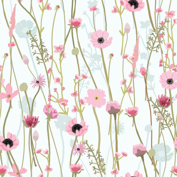 Beautiful pink wildflower seamless pattern