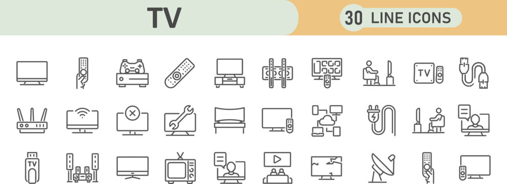 Tv and home entertainment line icon set for media and broadcasting technology with television entertainment broadcasting technology streaming receiver connection electronics