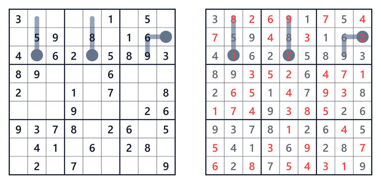 Thermo Sudoku puzzle layout featuring an unsolved starting grid and a completed answer key in red.