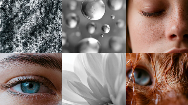 Eine Bildcollage mit verschiedenen Texturen zeigt eine strukturierte Oberfl&auml;che, Wassertropfen, Haut, ein blaues Auge, eine Blume und eine Holzoberfl&auml;che in Schwarzwei&szlig; und Farbe.