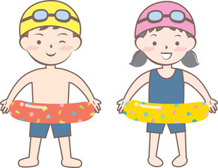 水着を着て浮き輪を持っている子供たち　スイミング © imoan