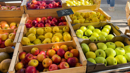 Fresh Organic Apples in Wooden Crates at Cassis Outdoor Market © blueringmedia