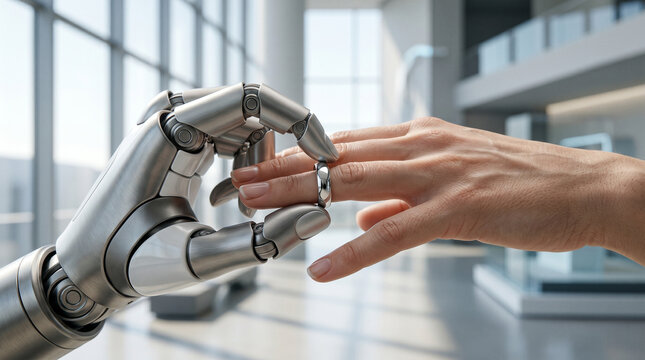 Ringtausch Bionik Bionisch Biorobotik Bionics Trauung Biorobotics Hände Biomechanisch Hochzeit. Bionische Hand steckt menschlicher Hand einen Ehering an.