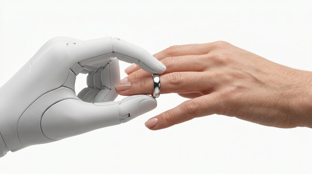 Ringtausch Bionik Bionisch Biorobotik Bionics Trauung Biorobotics Hände Biomechanisch Hochzeit. Bionische Hand steckt menschlicher Hand einen Ehering an.
