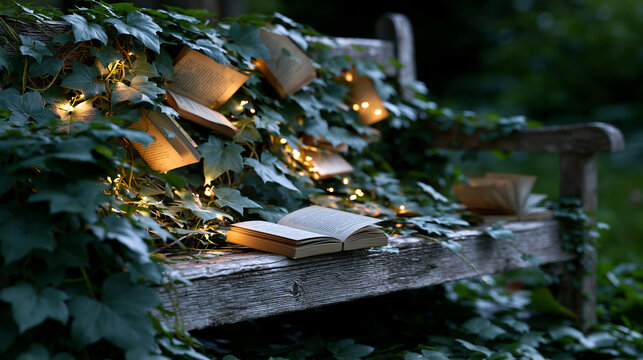 Ein offenes Buch liegt auf einer verwitterten Holzbank im Garten, umrankt von Efeu und geschm&uuml;ckt mit Lichterketten.