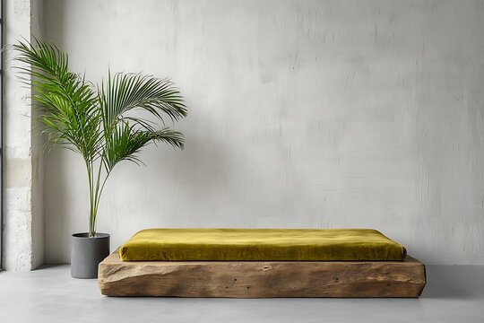 Minimalist Seating Area with Green Cushion and Potted Palm in Modern Interior Space
