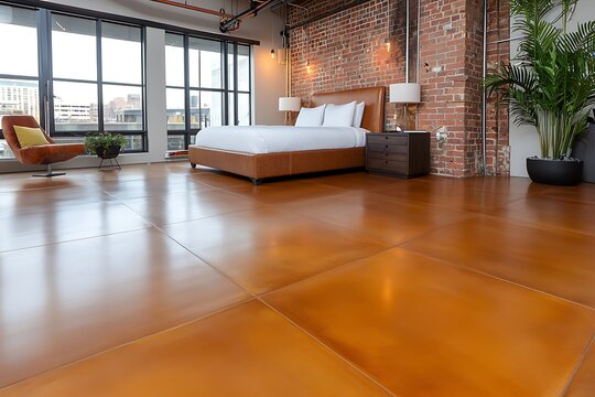 Cozy modern bedroom with large bed, wooden furniture, and warm colored flooring in loft style