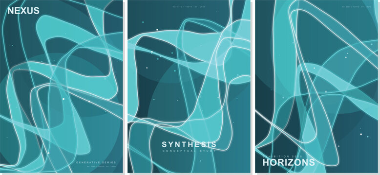Abstract futuristic 2026 poster set with glowing cyan neon fluid waves, modern digital generative art, tech lines, typography backgrounds for creative corporate design layout.