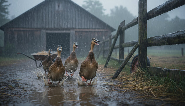 Ducks running across muddy farmyard during rainy weather in cinematic motion