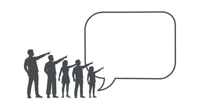 Diverse group pointing at empty speech bubble, communication concept, white background
