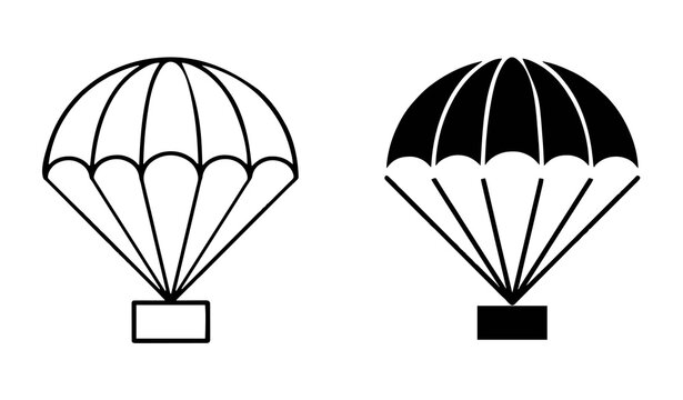 Parachute Delivery Icon Set Featuring Air Dropped Freight Cargo Box Template in Minimalist Line Art and Black Solid Silhouette