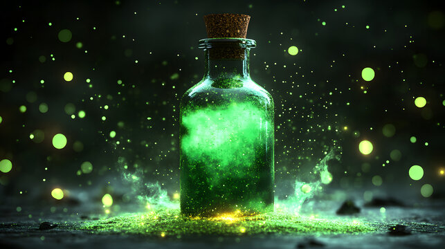 Mysterious magic potion glowing green liquid glass bottle forest environment alchemy witchcraft