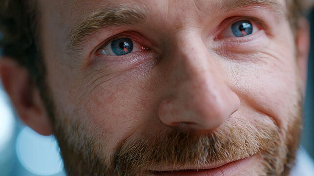 Extreme Nahaufnahme des Gesichts eines l&auml;chelnden Mannes mit Bart und blauen Augen