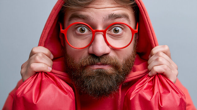 Ein &uuml;berraschter Mann mit roter Brille und roter Regenjacke, der die Kapuze hochzieht und direkt in die Kamera schaut