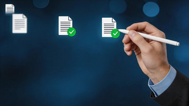 Hand holding stylus pen checking digital document files with green tick marks. Virtual interface showing file verification process. Online approval workflow, electronic signature