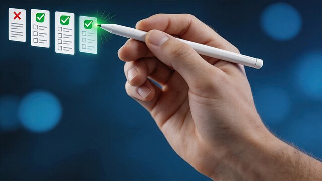 Hand selecting correct option on virtual checklist with glowing green check mark. Digital survey form evaluation. Decision making, quality control inspection and multiple choice