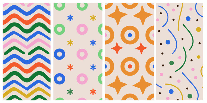 Memphis Style Patterns With Geometric Shapes And Bright Colors