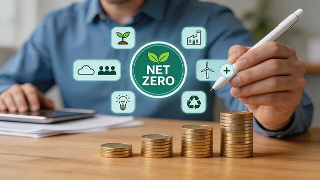 Businessman writing net zero carbon emission plan with green energy icons, sustainability ecology environment protection concept, renewable power industry investment and financial