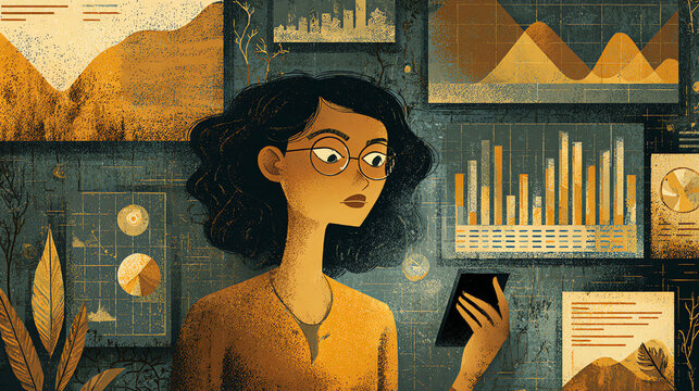 woman multitasking data charts, textured illustration 