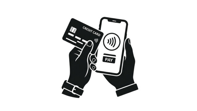 Modern Digital Finance Concept &ndash; Black Silhouette Vector of Hand Holding Credit Card and Smartphone Payment Symbol