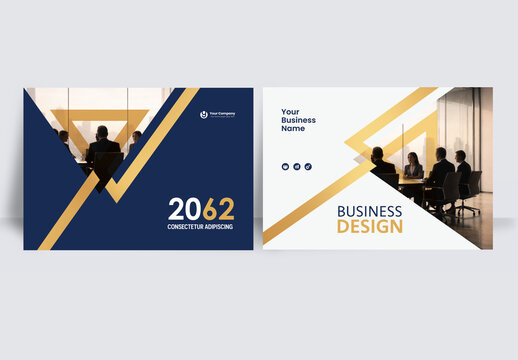 Luxury Modern Corporate Business brochure layout &ndash; Geometric Book Cover Landscape Template gold and Dark Blue

