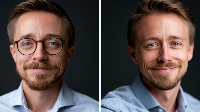 Vorher-Nachher-Vergleich eines Mannes mit und ohne Brille in einem zweigeteilten Portr&auml;t