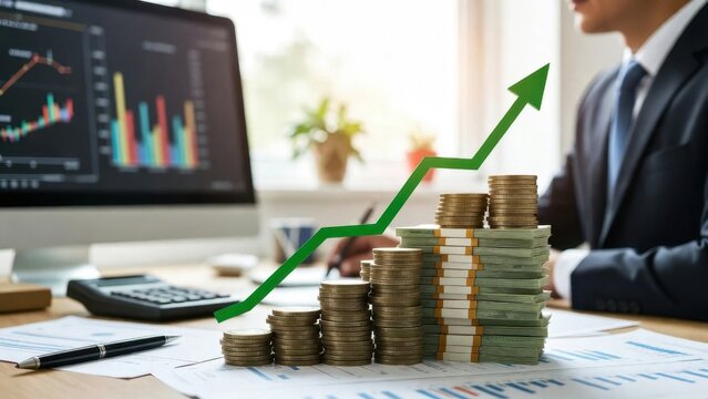Stacks of coins rising with green arrow in office workspace