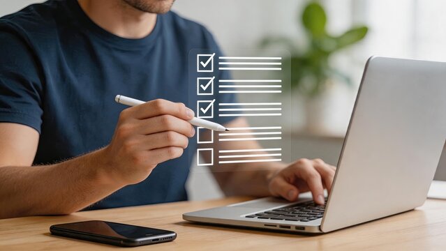 Man working on laptop with digital checklist, remote work productivity concept, business professional using stylus for tasks, office desk setup, modern technology workflow, home