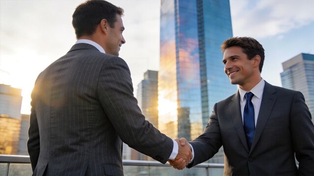 Two businessmen shaking hands outdoors in city center, successful deal agreement, corporate partnership concept, professional greeting, modern architecture background, golden hour