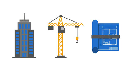 Fototapeta premium Minimalist flat vector icons showing a tall skyscraper a construction crane and a blue architectural blueprint