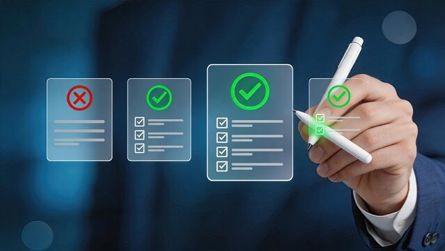 Approval checklist verification process, hand selecting options with pen, green checkmark for success, red cross for rejection, decision making concept, quality control