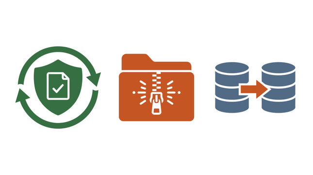Three colorful flat design icons representing data security backup compression and database migration digital processes