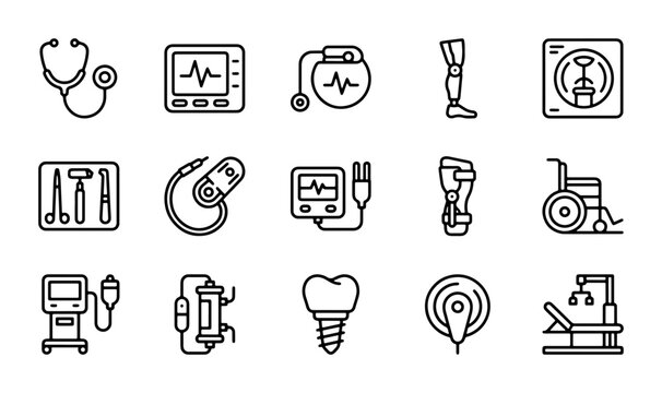 Medical Equipment Icons Set, Healthcare Technology Vector Graphics, Cardiology, Dental, and Mobility Aids