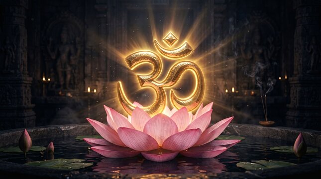 Glowing Om symbol rises from a serene pink lotus flower in a peaceful temple pond at night