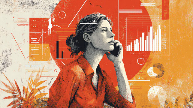 woman multitasking data charts, textured illustration 