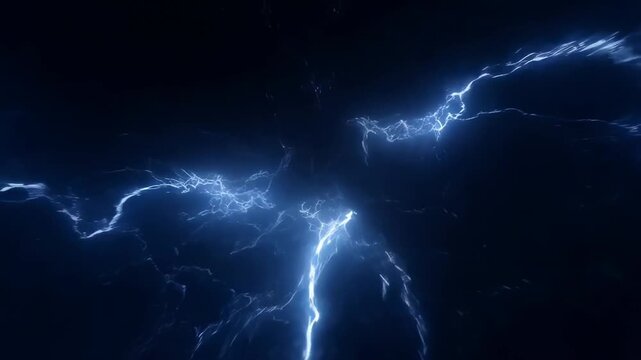 Dynamic blue lightning surge: energy movement in a dark sky