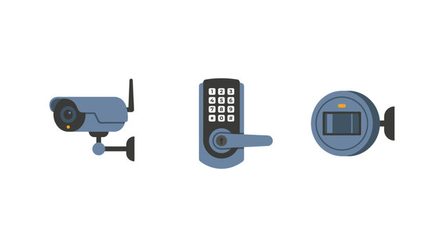 Three modern electronic security devices including a surveillance camera smart lock and motion sensor alarm icons