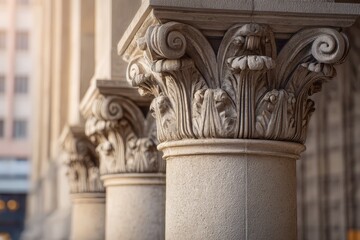 Obraz premium Architectural close-up: four pillars with carved capitals on a public administration building