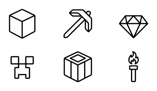 Pixelated Game Icons: Cube, Pickaxe, Diamond, Creeper, Block, Torch Set